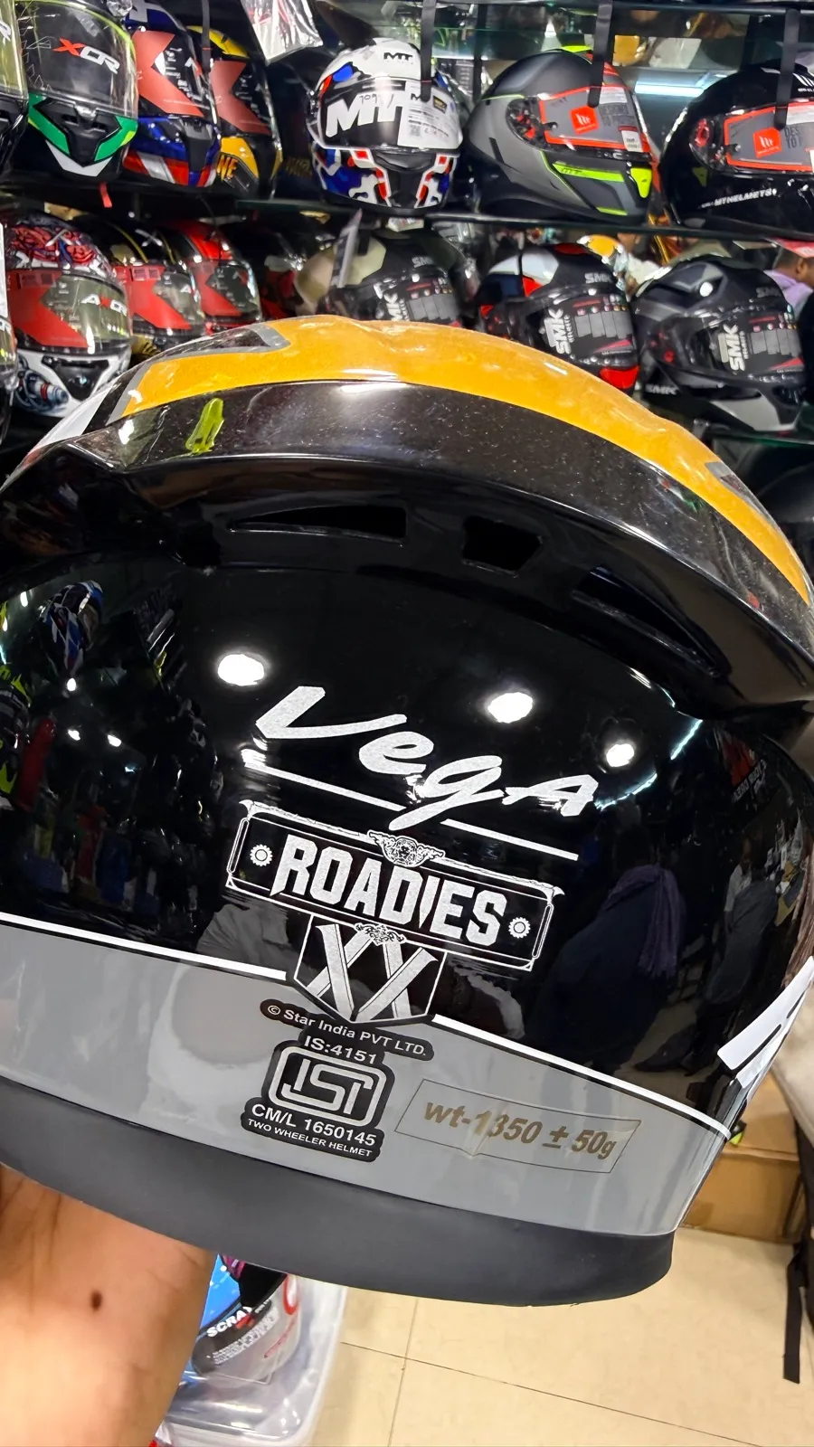 ISI certification mark on the back of a Vega helmet at Speed World
